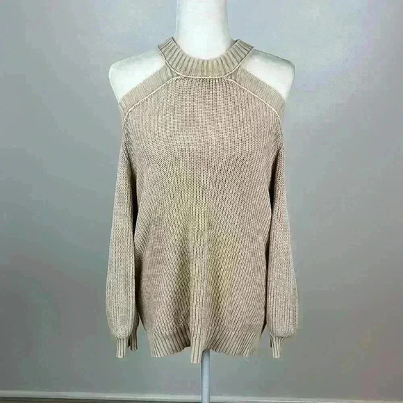 Vici Tan Ribbed Cold Shoulder Sweater Size M - Picture 1 of 9